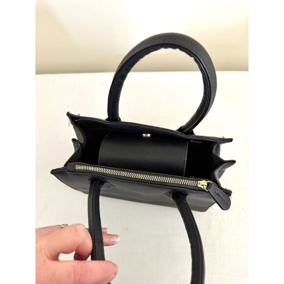 Chic Black Mini Satchel Purse Gold Medallion Faux Leather Handbag - Picture 6 of 9